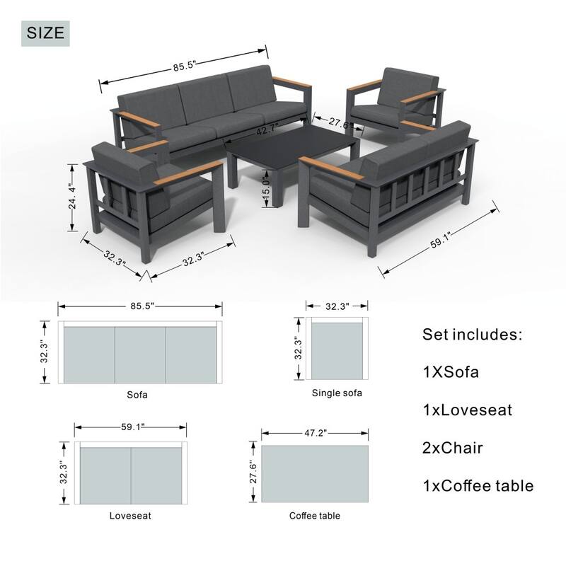 5-Piece Patio Aluminum Sofa Set with End Table