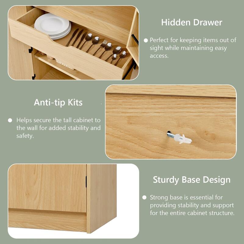 Farmhouse Kitchen Pantry Cabinet Storage Cupboard with 8 Door Shelves, 3 Adjustable Interior Shelves, Hidden Drawer