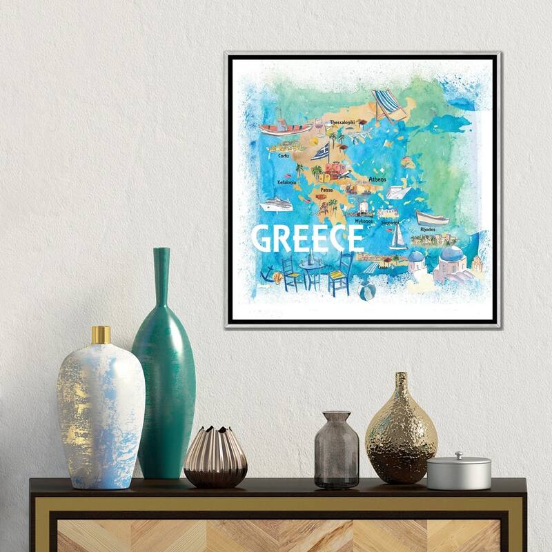 iCanvas "Greece Illustrated Travel Map With Landmarks And Highlights" by Markus & Martina Bleichner Framed