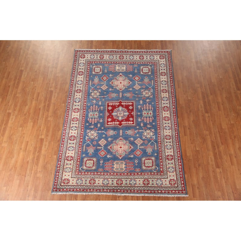 Geometric Kazak Area Rug Hand-Knotted Blue Wool Carpet - 6'7" x 9'8"