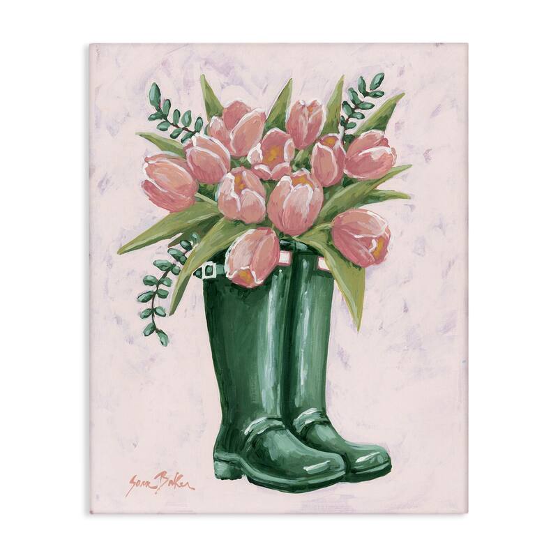 Stupell Pink Tulips in Boots Canvas Wall Art Design By Sara Baker - 16 x 20
