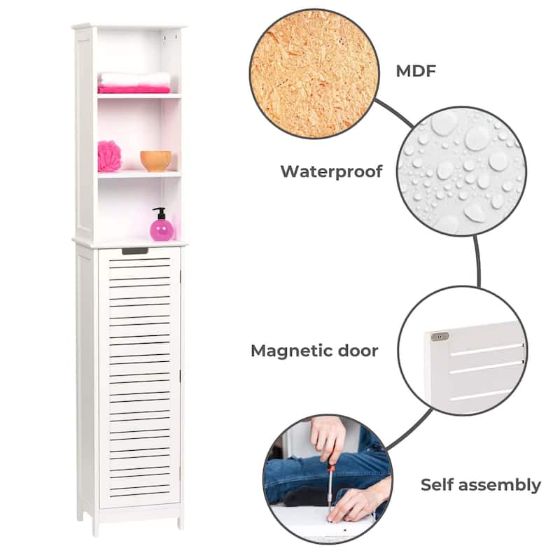 Miami White Tall Bathroom Storage Cabinet Slim Linen Cabinet - 13 7/8"L x 10.4"W x 68"H