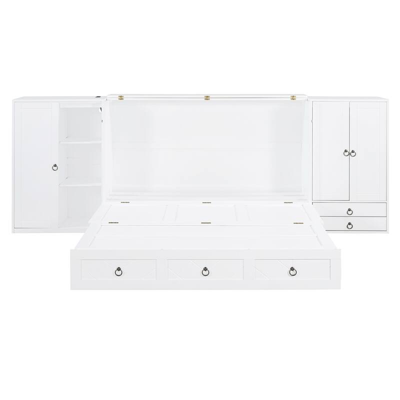 Queen Size Solid Wood Murphy Bed with Charging Station, Built-In Wardrobes, Drawers, and Foldable Cabinet Design