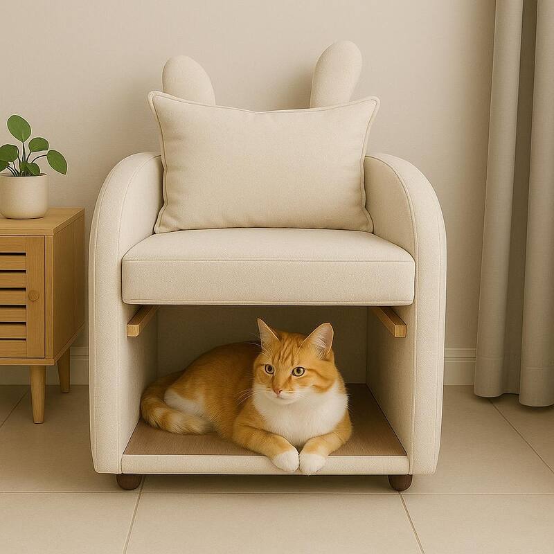 Velvet Bunny-Ear Pet-Friendly Armchair with Built-in Cat & Dog Hideaway, Plush Dual-Use Sofa Chair