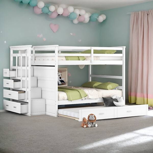 slide 2 of 39, Multifunction Full Over Full Elegant Bunk Bed with Twin Size Trundle and Staircase White