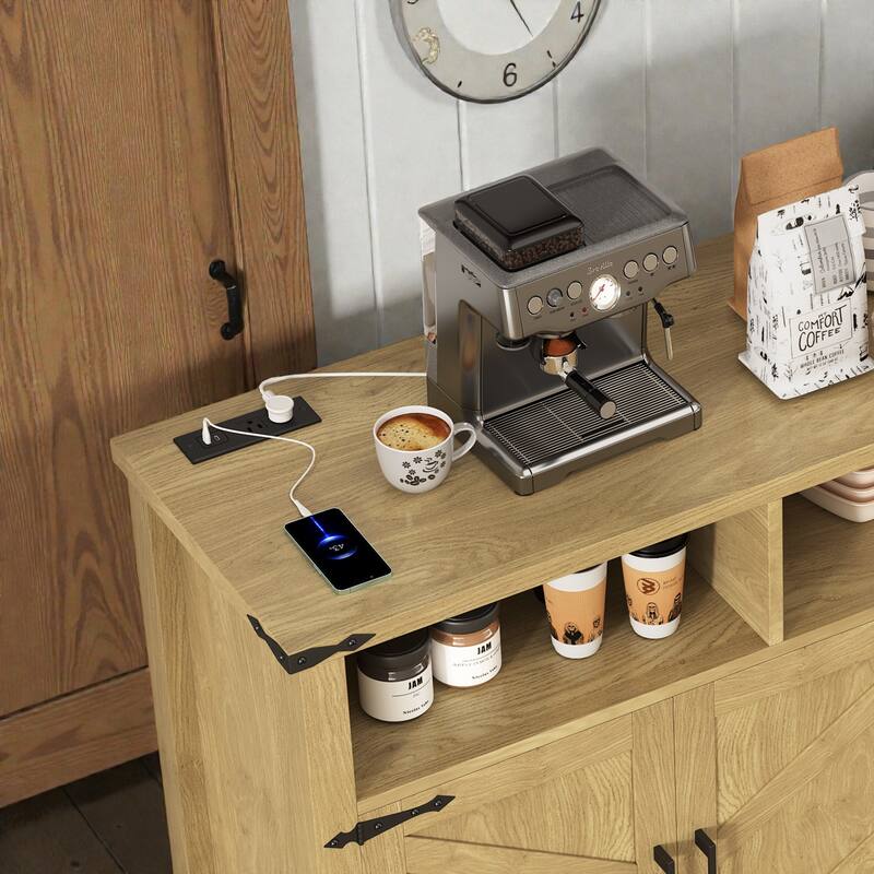 59" Modern 4-Door Sideboard with Power Outlets, USB Ports, Adjustable Shelves & Half-Open Storage Cabinet