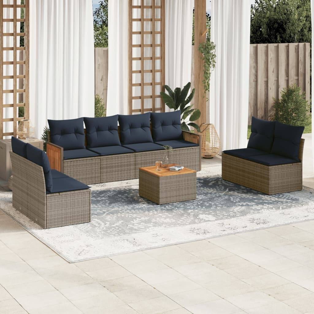 vidaXL 9 Piece Patio Sofa Set with Cushions Gray Poly Rattan - 110.0x27.2x66.6