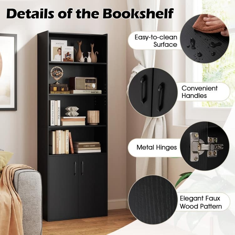 Engineered Wood Bookcase with Adjustable Shelves, 2-Door Cabinet and Anti-Tip Safety - 24.5" x 12" x 70" (L x W x H)