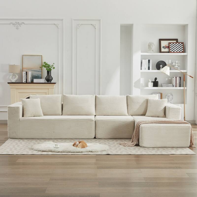 106" L-Shape Sectional Couch with Right Facing Chaise, Deep Seat Modern Sofa, Beige Corduroy, No Assembly