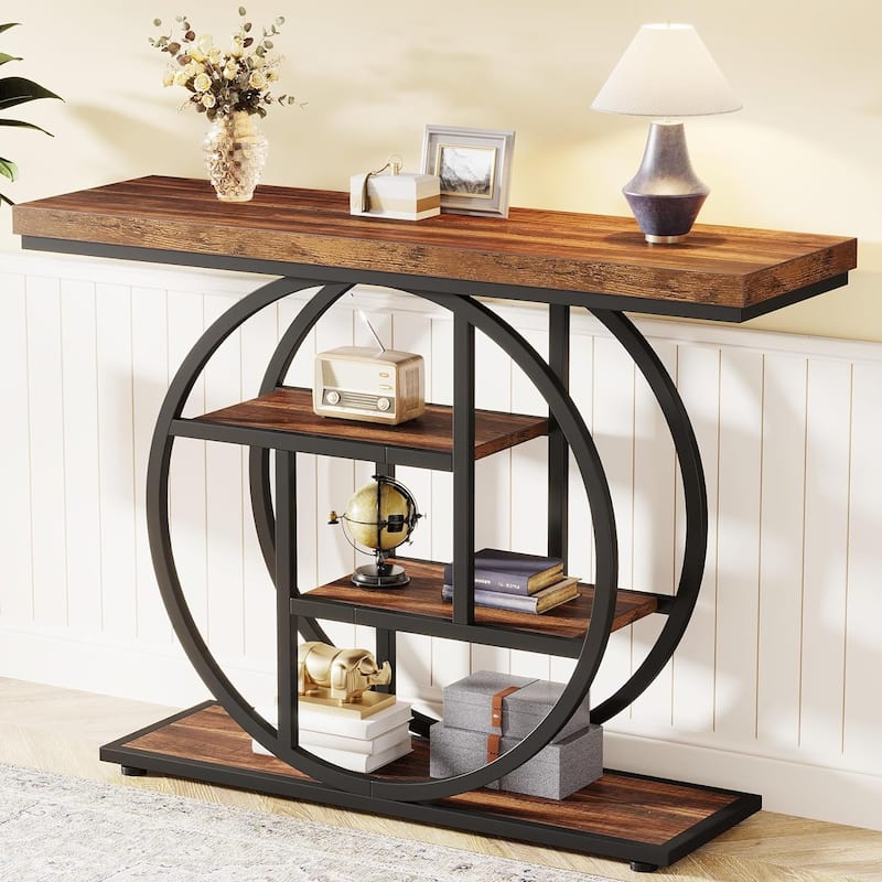 41.3" Console Table, Industrial 4-Tier Entryway Table with Circle Base - 41.3" W x 11.8" D x 31.5" H