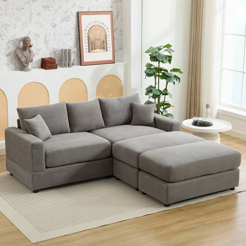 2 Pieces Corduroy Sectional Couch Covers with 2 Pillows, Grey