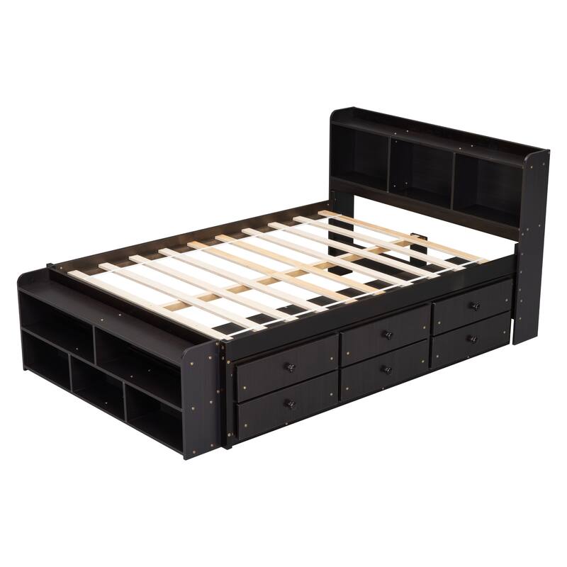 Bed with Bookcase Headboard and Under bed Storage Drawers