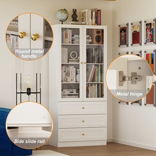 Bookcase Display Cupboard Curio Cabinet 2 Glass Door White Lacquer - 70.9"Hx31.5"W