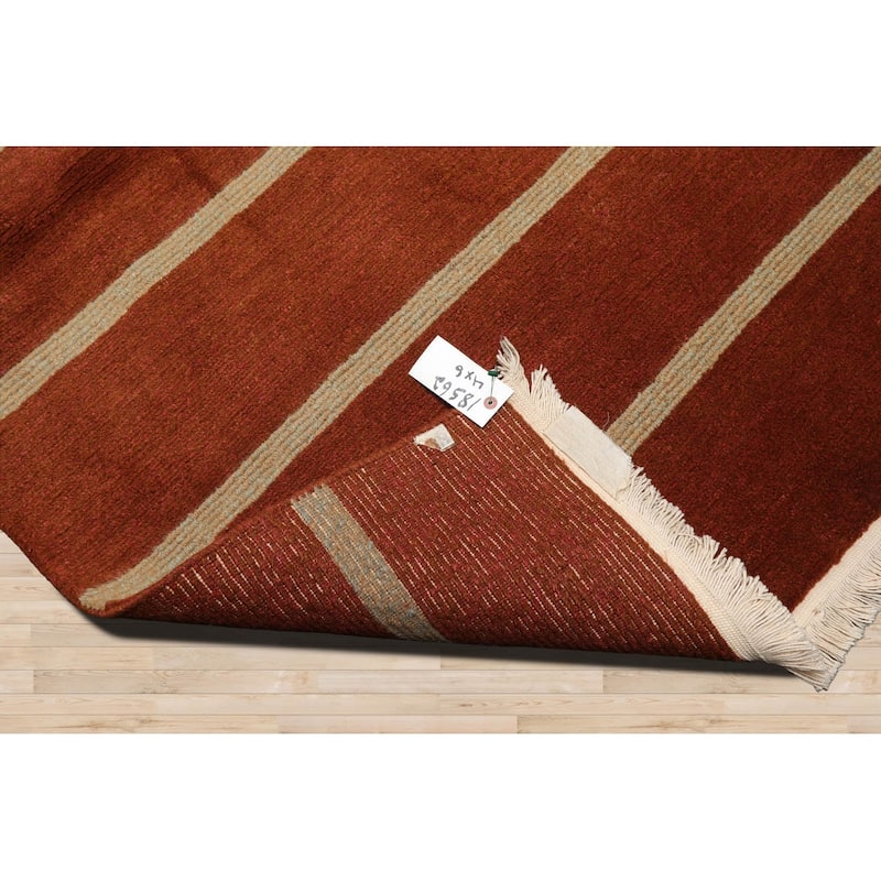 Hand Knotted Tibetan Orange Striped Wool Modern Oriental Area Rug - 4' x 6'