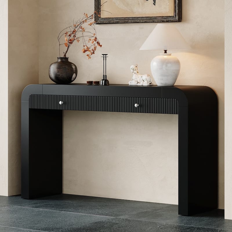 Console Table with Fluted Drawer Front, Entryway Table with Curved Corners , Sturdy Sofa Table for Hallway & Living Room - Black