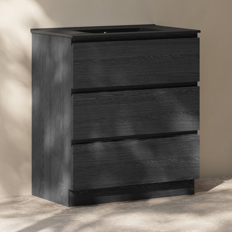 Liberte 30" Freestanding Bathroom Vanity In Black Oak With Black 3-Hole Widespread Sink Top - 30