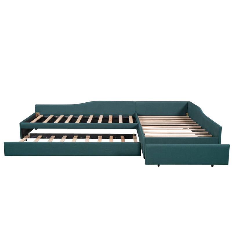 L Shaped Daybed with Trundle, Double Twin Linen Upholstered Sofa Bed Frame w/Storage Drawer, 3 Beds in One, No Box Spring Needed