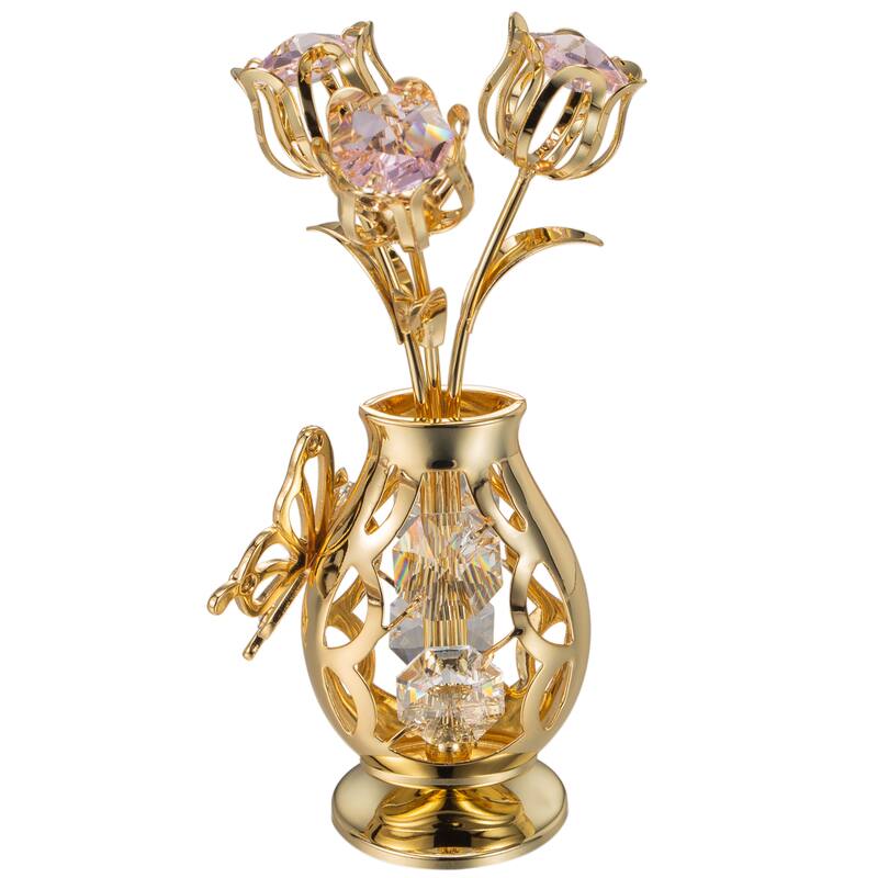 Matashi 24K Gold Plated Crystal Studded Flower Ornament in a Vase with Decorative Butterfly for gifts and home decor
