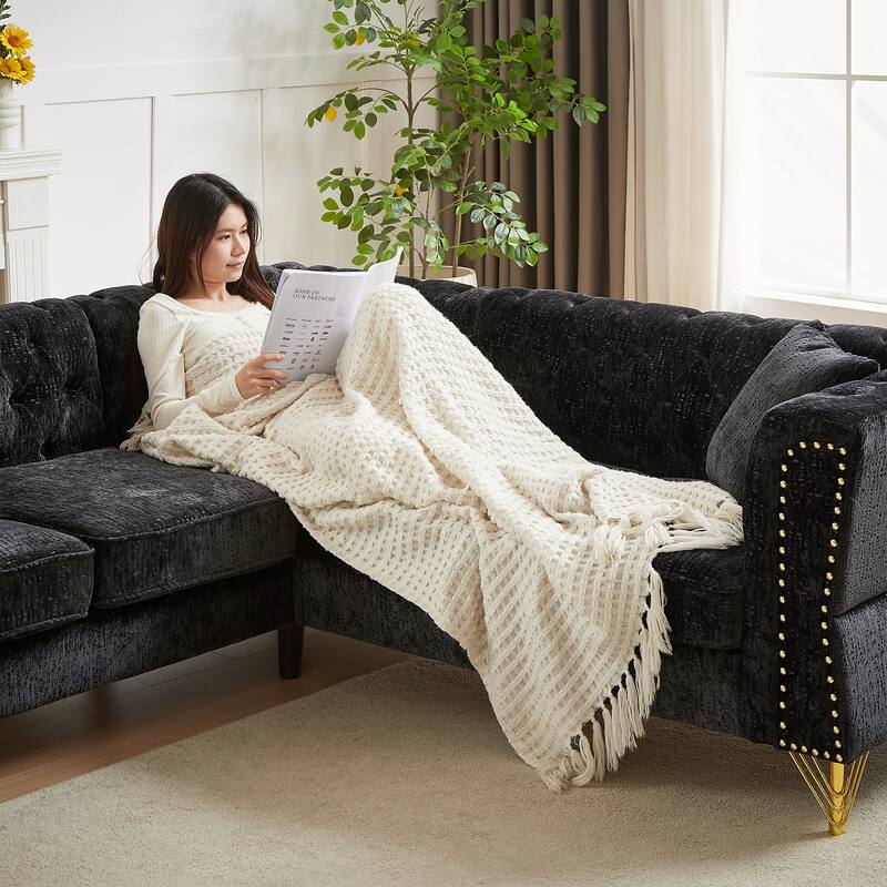 Black 81.5" Chenille L-Shaped 5-Seater Sofa