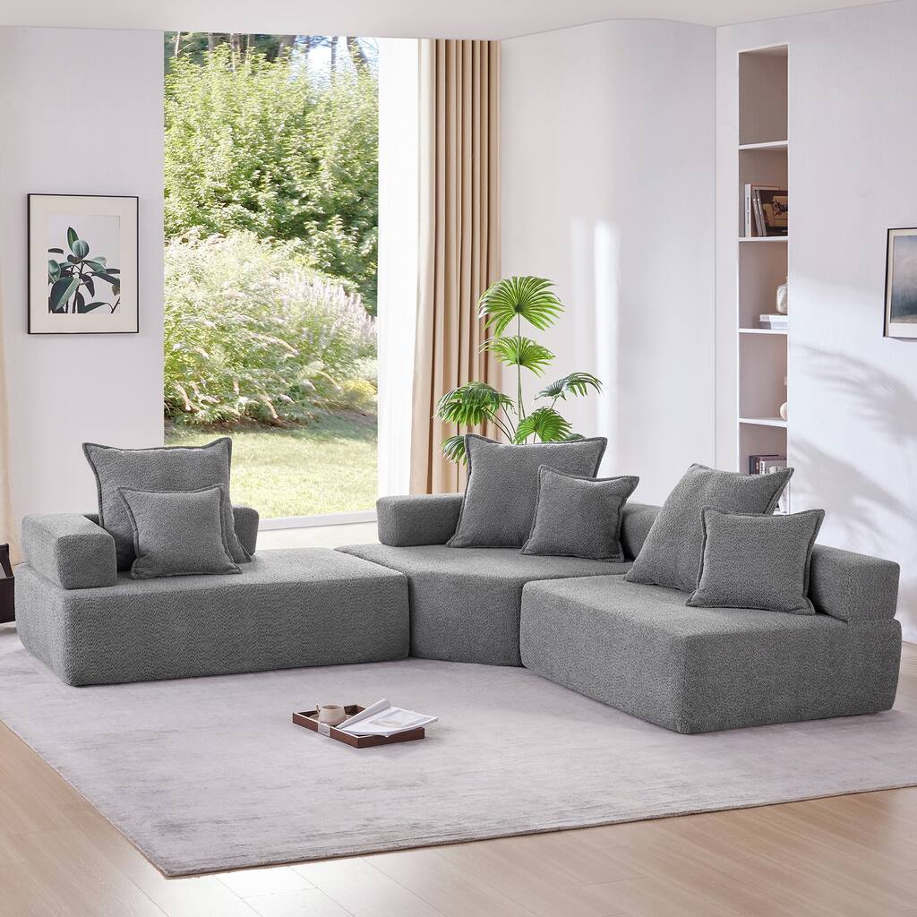 Grey 78.74" Luxurious Modular L-Shaped 5-Seater Sectional Sofa in Soft Boucle Fabric with a Versatile 3-Piece Design