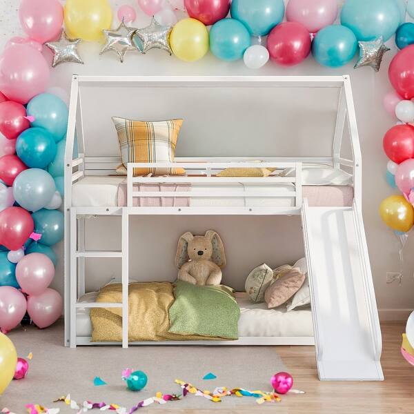 slide 2 of 22, Twin over Twin House Bunk Bed with Ladder and Slide for Bedroom