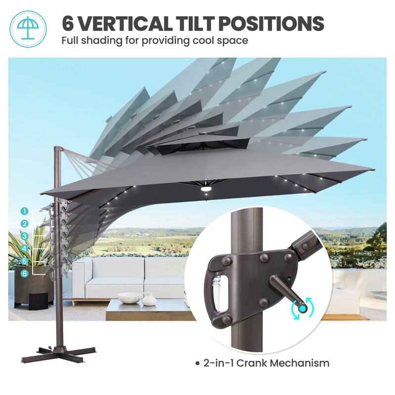 11FT Patio Cantilever Umbrella with LED Lights Double Vented Umbrella with Weighted Base