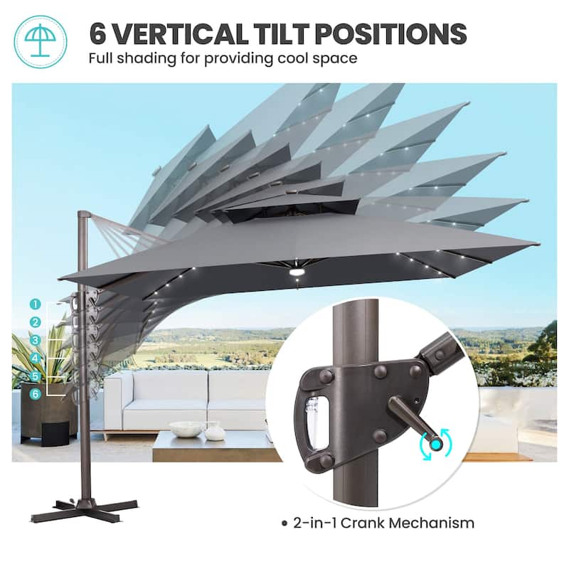 Outdoor Solar Powered LED Double Top Patio Cantilever Umbrella with Base Stand