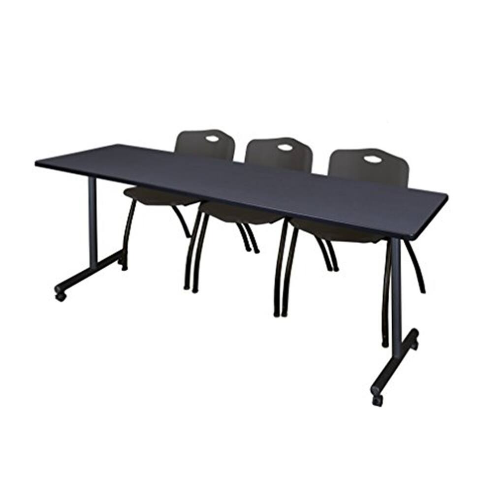 84" x 24" Mobile Training Table- Grey & 3 'M' Stack Chairs- Black