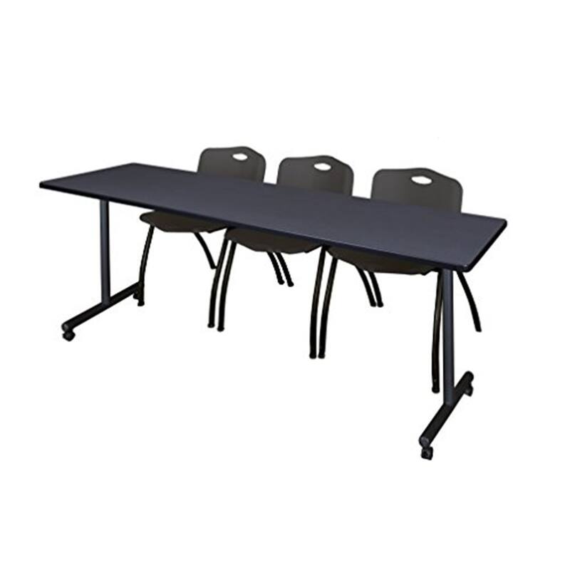 84" x 24" Mobile Training Table- Grey & 3 'M' Stack Chairs- Black