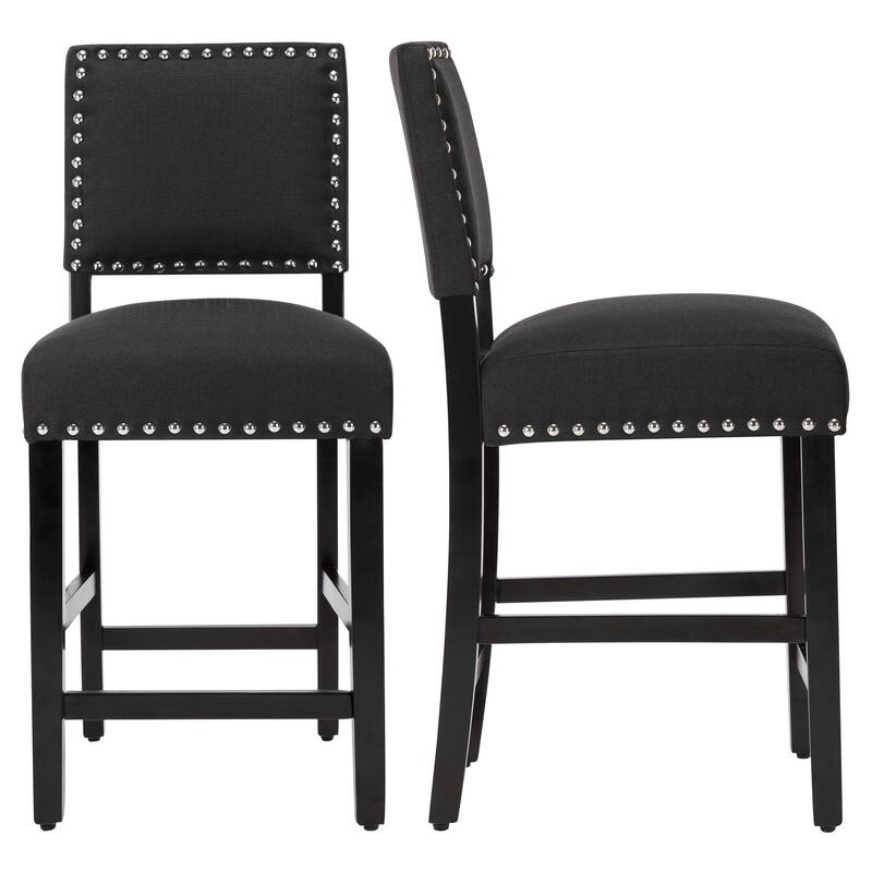 24 Inches Fabric Upholstered Counter Height Bar stools with Back and Silver Nailhead Trim Set of 2 - Charcoal-2-piece