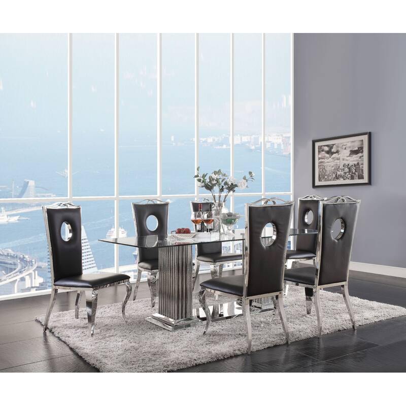 Leatherette Upholstered Metal Side Chairs with Cabriole Style Legs, Black and Silver, Set of Two
