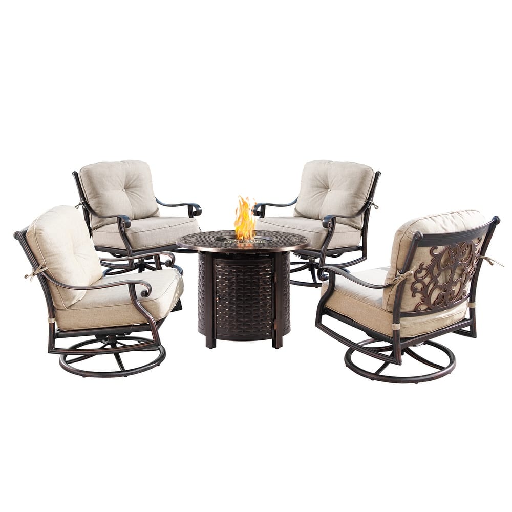 Outdoor Aluminum 34 in. Round Fire Table Set with Four Deep Seating Swivel Rocking Chairs & Accessories