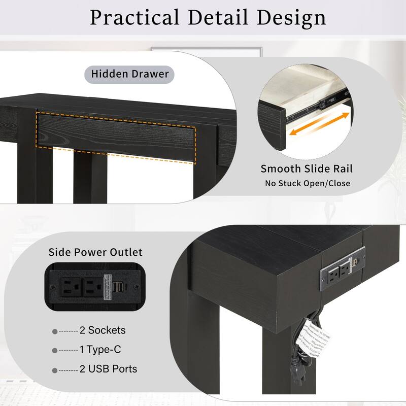 47.25 Inches Wooden Rustic Minimalist Console Table, with Hidden Drawer and Side Power Outlet