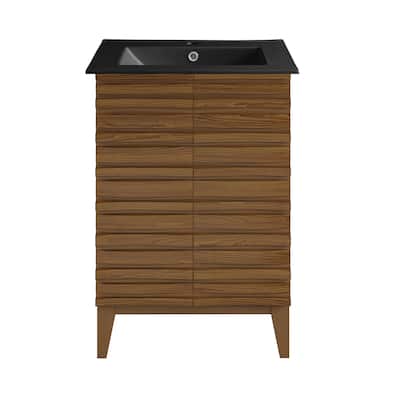 Cascade 24 In. Brown Oak Bathroom Vanity With Black Ceramic Sink Top