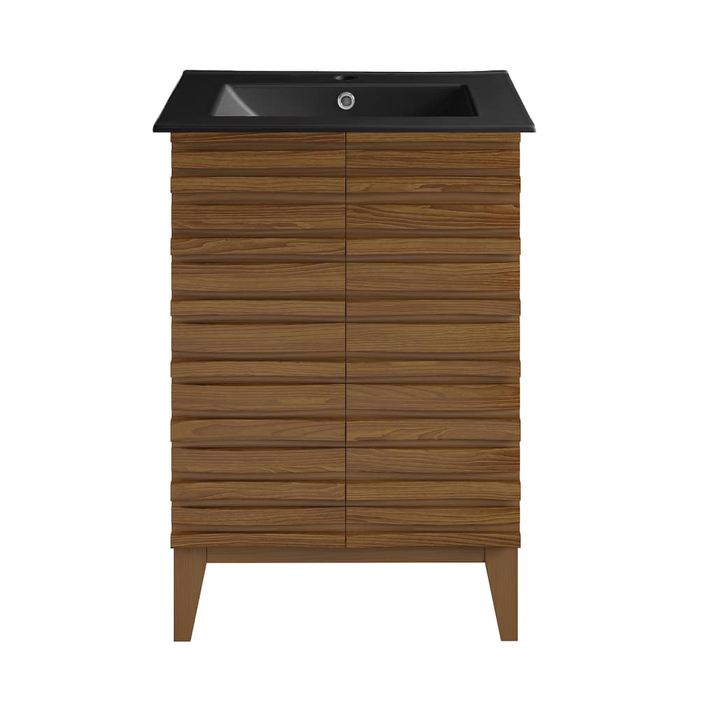 Cascade 24 In. Brown Oak Bathroom Vanity With Black Ceramic Sink Top