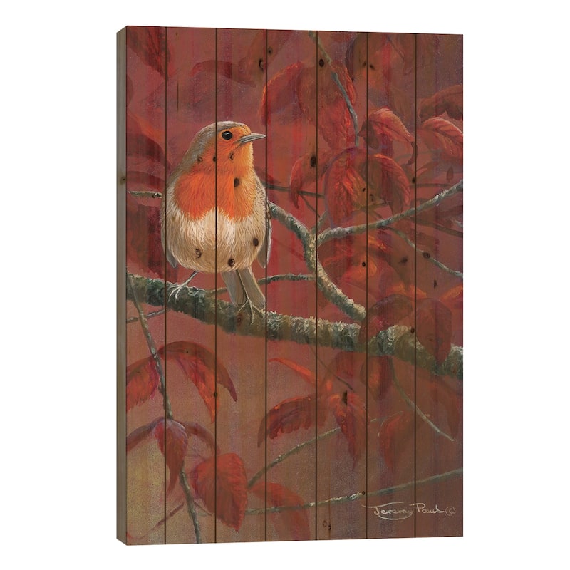 Red Leaves - Robin Print On Wood by Jeremy Paul - Multi-Color - 26x18x1.5