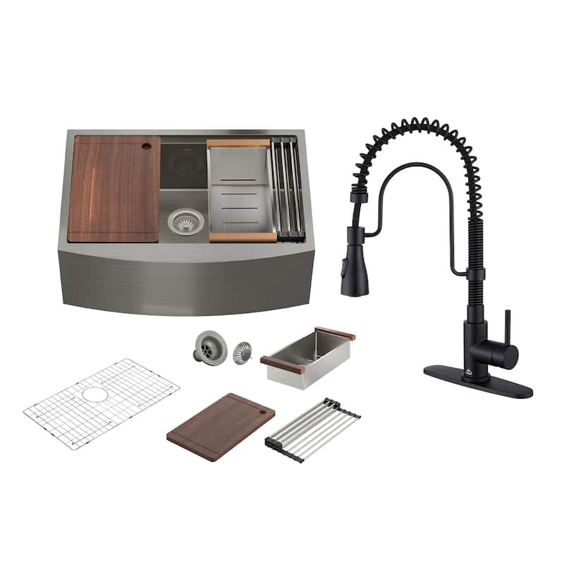 All-in-One Farmhouse/Apron-Front Single Bowl 16 Gauge Stainless Steel Workstation Kitchen Sink with Accessories and Faucet Sets - Sink + Matte Black Pull Down Kitchen Faucet