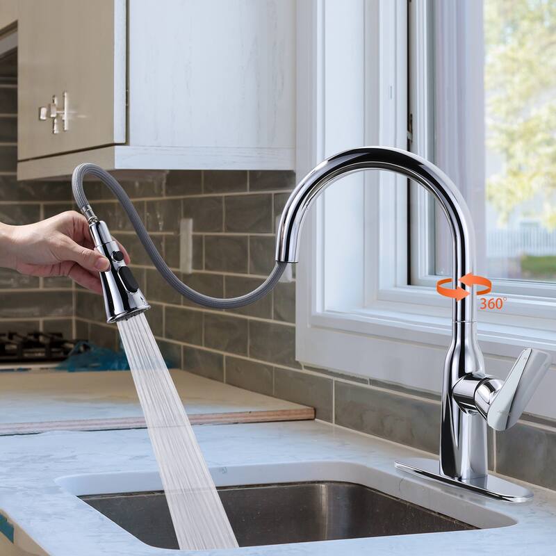 WOWOW 3-Functions Single-Handle Pull Down Sprayer Kitchen Faucet