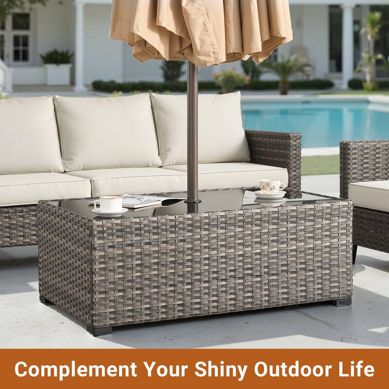 XIZZI Outdoor Wicker Coffee Table with Umbrella Hole for Garden Deck or Poolside