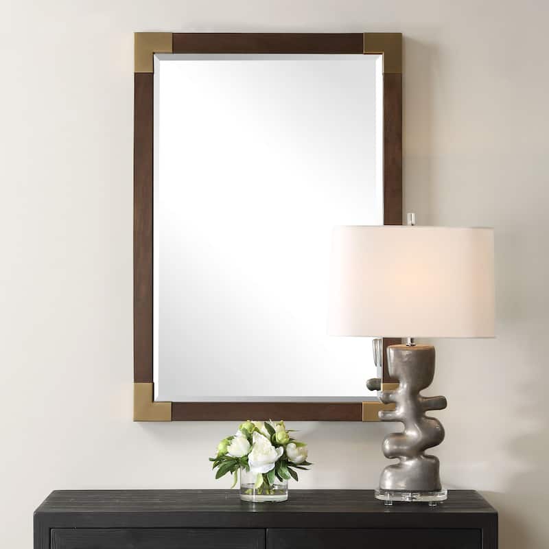 Solid Wood Framed Beveled Wall Mirror 39.25" Aged Walnut Finish