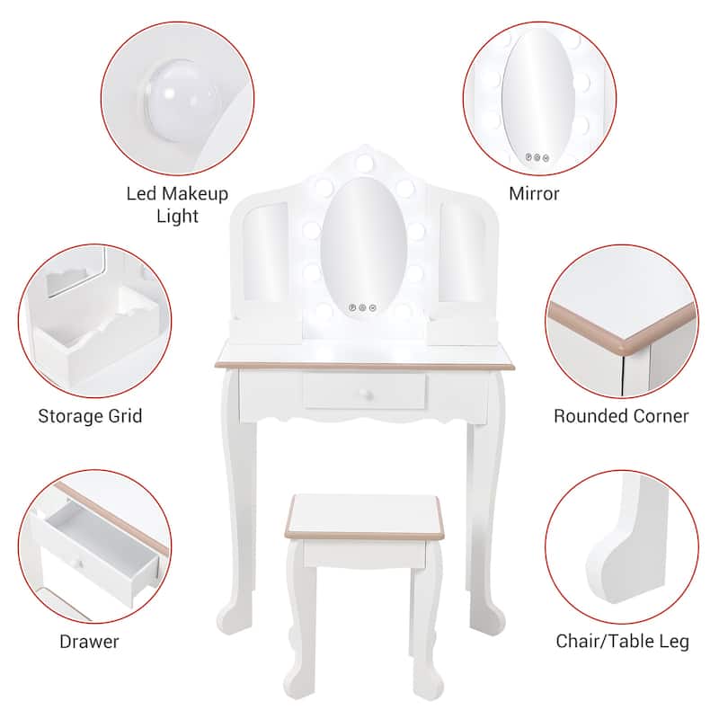 Kids Makeup Vanity Table Set with Stool, Dressup Playset for Girls Best Gift