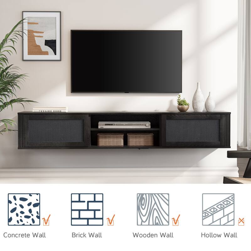 WAMPAT Floating TV Stand Shelf with Power Outlet and 2 Rattan Doors