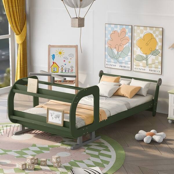 slide 2 of 15, Twin Size Plane-Shaped Bed with Rotatable Propeller & Shelves - Unique Design Green