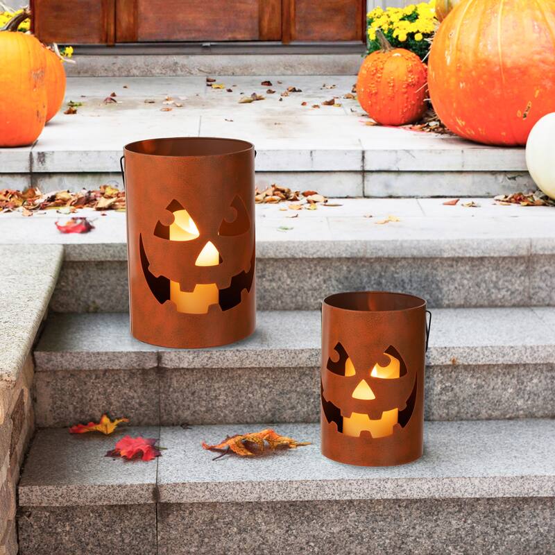Glitzhome Set of 2 Hollow Out Metal Bucket Lanterns Candle Holder for Fall Halloween Thanksgiving