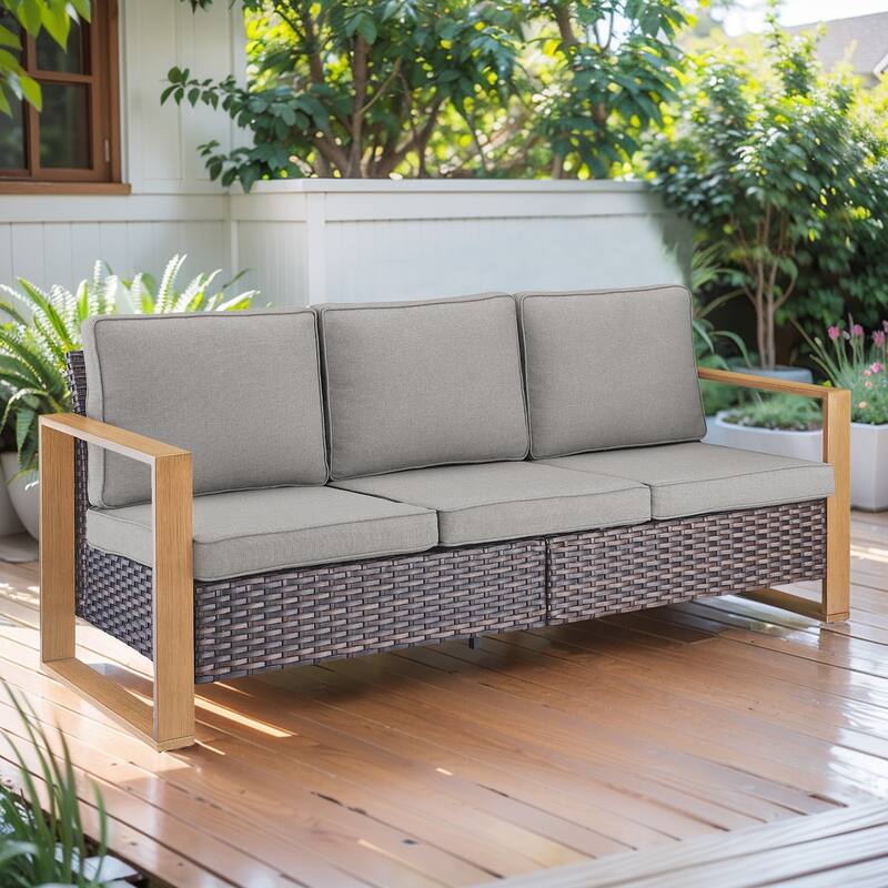 Gymojoy Brown Rattan Sofa Deep Seating Sofa - Brown - Grey
