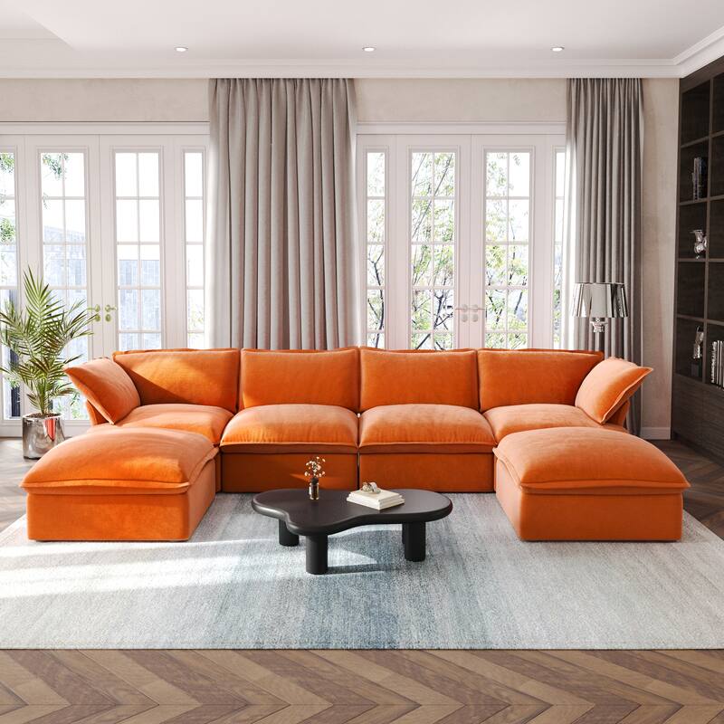 U Shape Couch Sectional for Living Room, Convertible Sectional Sofa, Modular Sectional Couch with Ottomans for Living Room - Orange