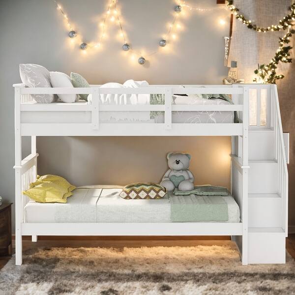 slide 2 of 38, Twin Over Twin Bunk Bed With Storage and Guard Rail For Bedroom
