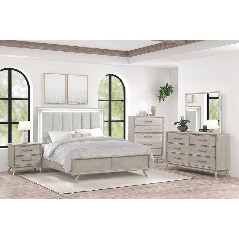 Roundhill Furniture Seluna 5-Piece Bedroom Set with Touch LED Lighting, Gray Oak Finish - King