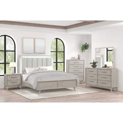 Roundhill Furniture Seluna 5-Piece Bedroom Set with Touch LED Lighting, Gray Oak Finish