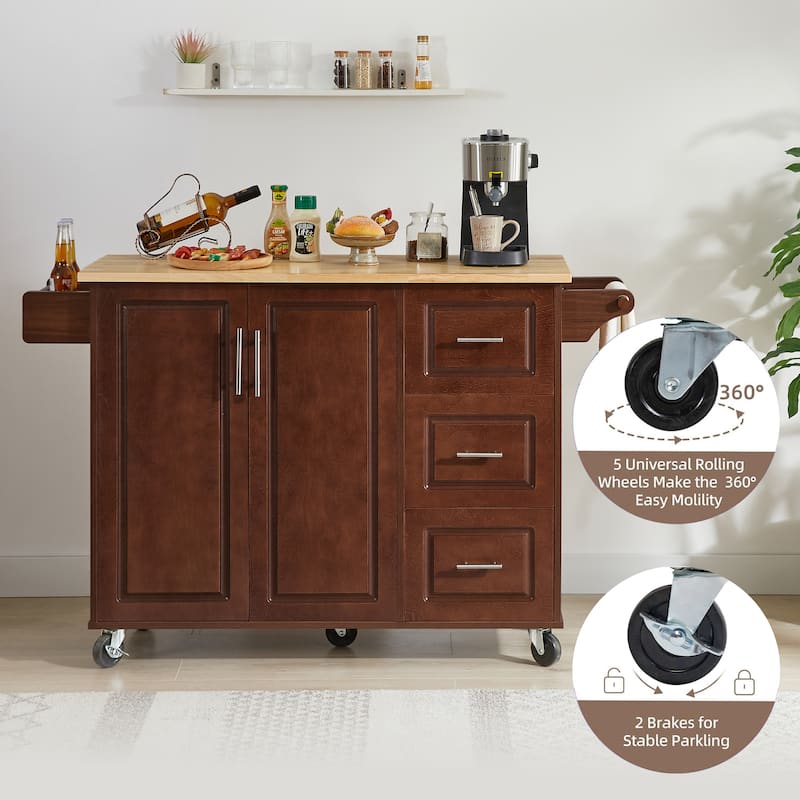 Kitchen Island Cart On Locking Wheels, Rolling Kitchen Island with Drop Leaf Countertop, Bar Cabinet with Cabinet & 3 Drawers